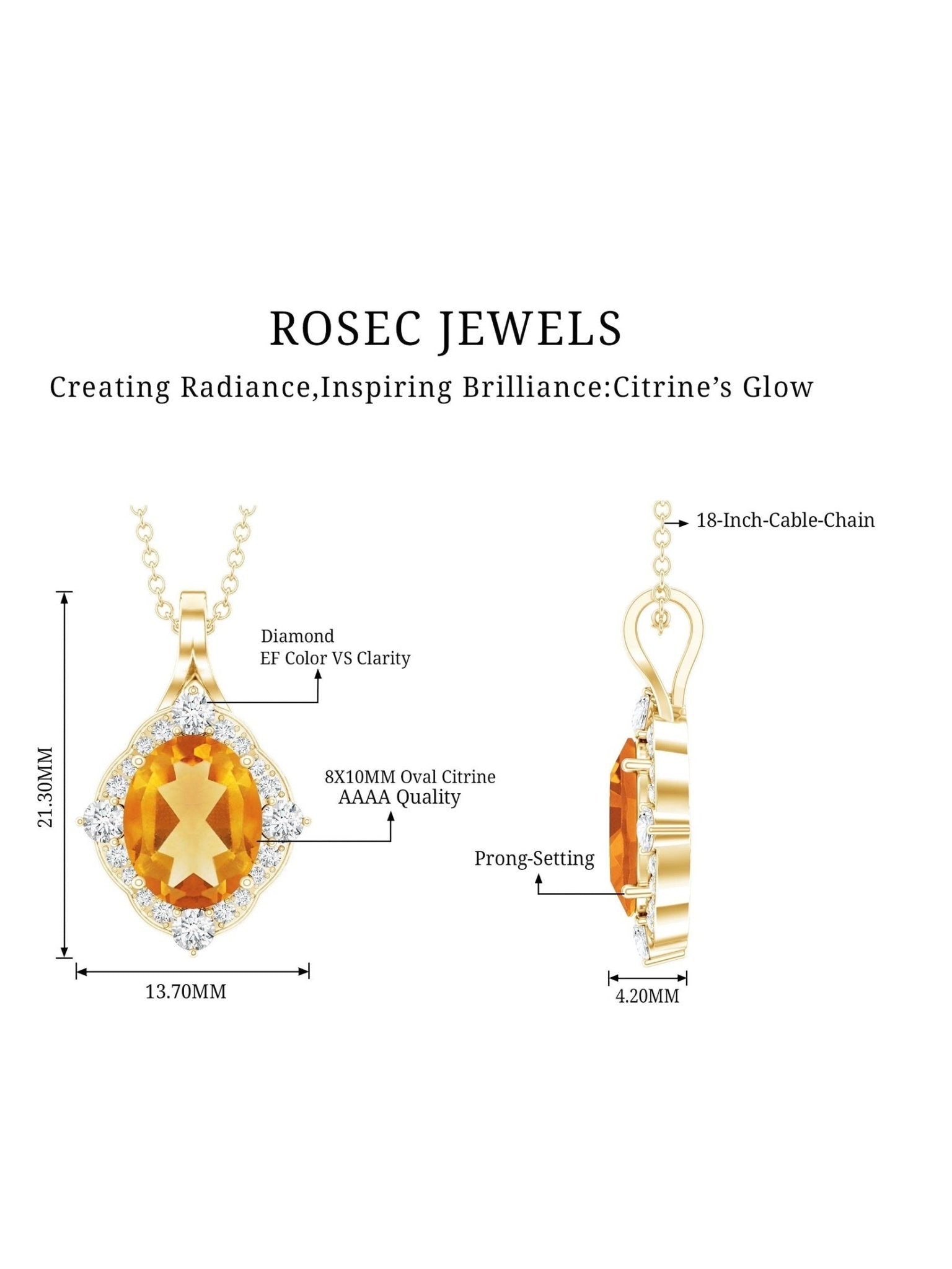 Genuine 2.5 Carat Citrine Diamond Vintage Necklace with Silver Chain - Courbe et Compagnie