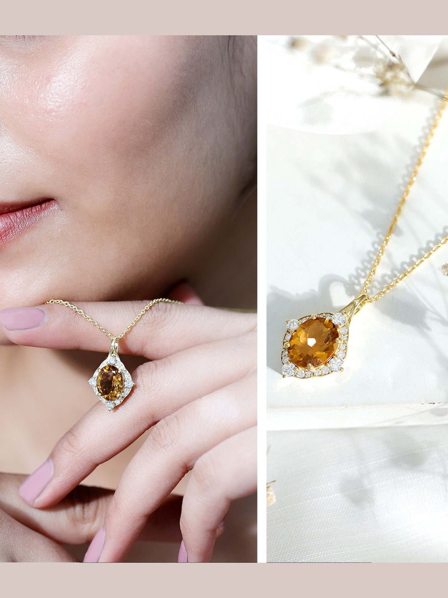 Genuine 2.5 Carat Citrine Diamond Vintage Necklace with Silver Chain - Courbe et Compagnie