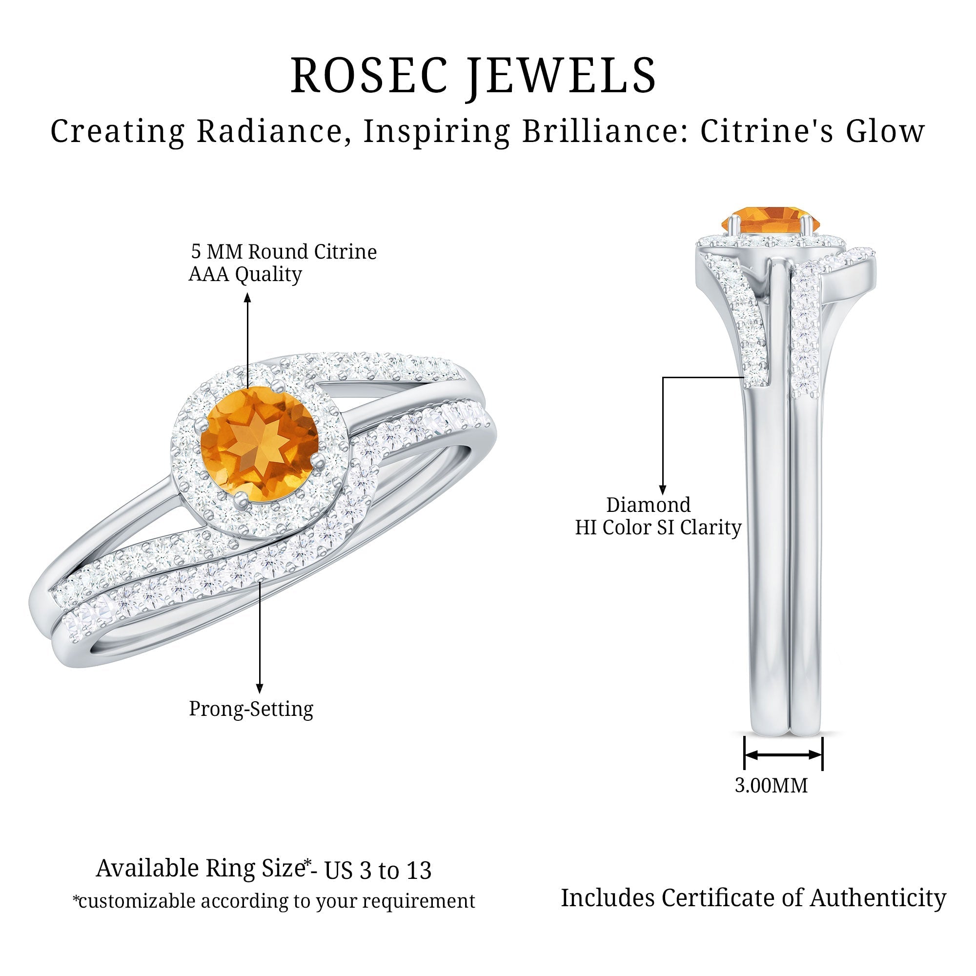Genuine Citrine Engagement Ring with Diamond Wedding Band - Courbe et Compagnie