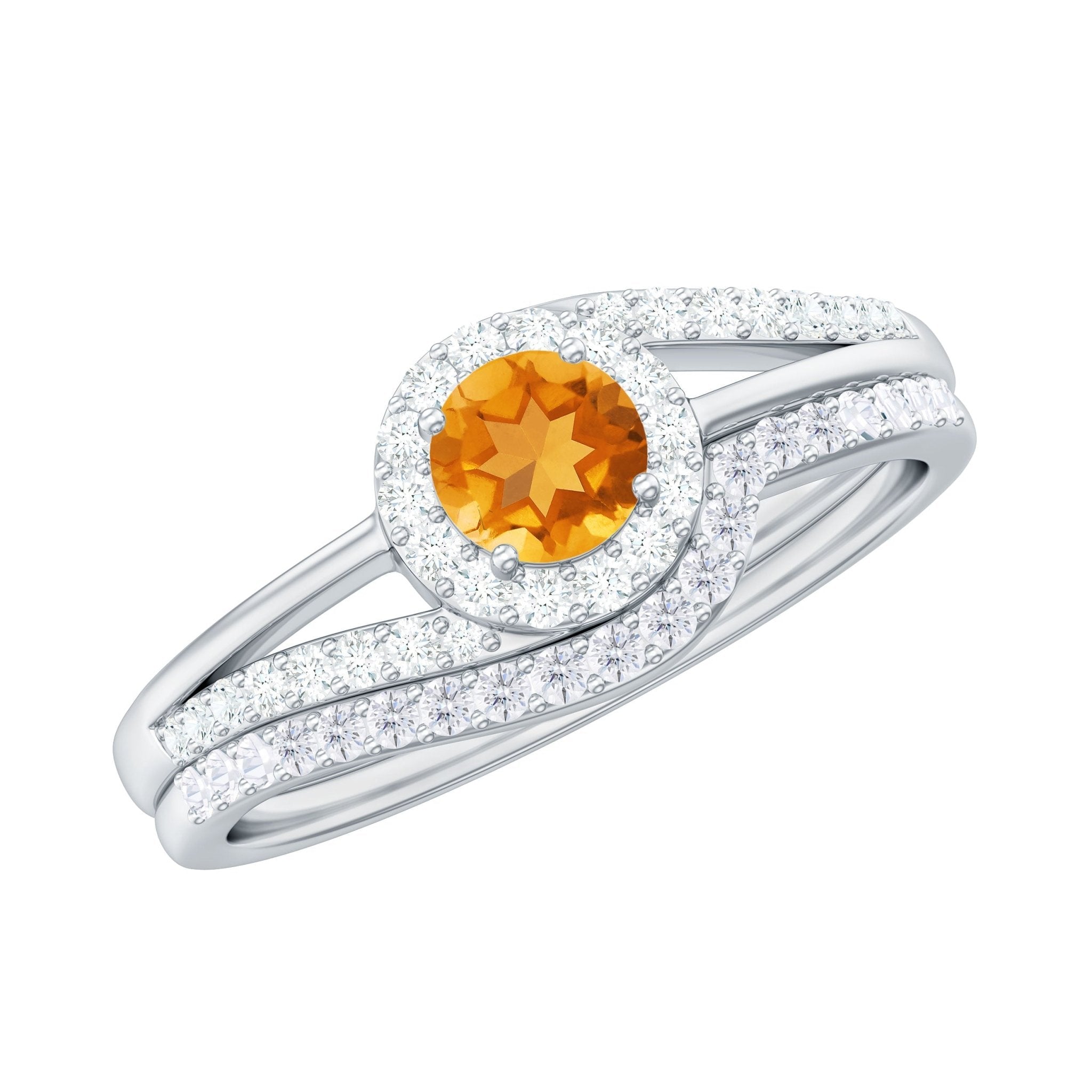 Genuine Citrine Engagement Ring with Diamond Wedding Band - Courbe et Compagnie