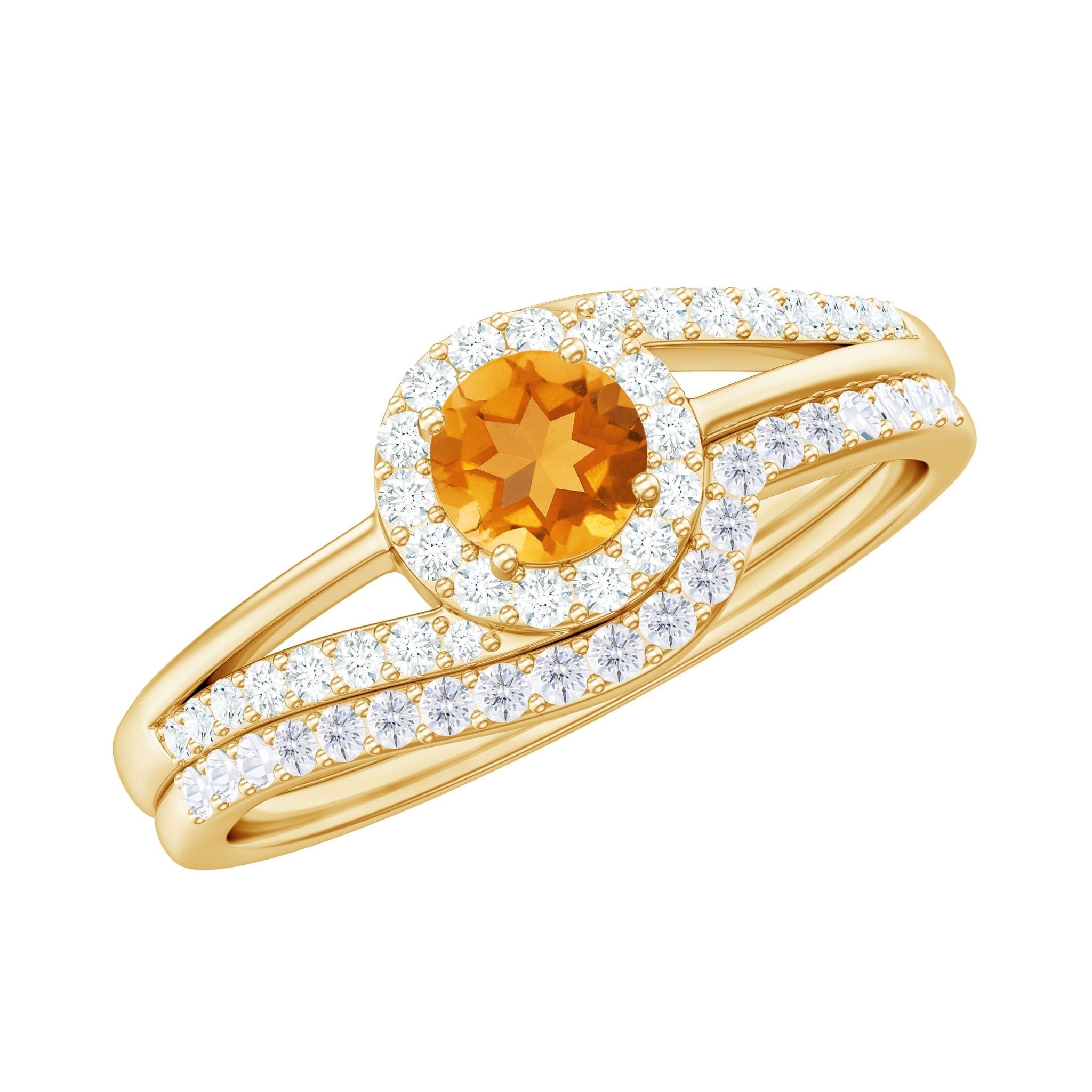 Genuine Citrine Engagement Ring with Diamond Wedding Band - Courbe et Compagnie