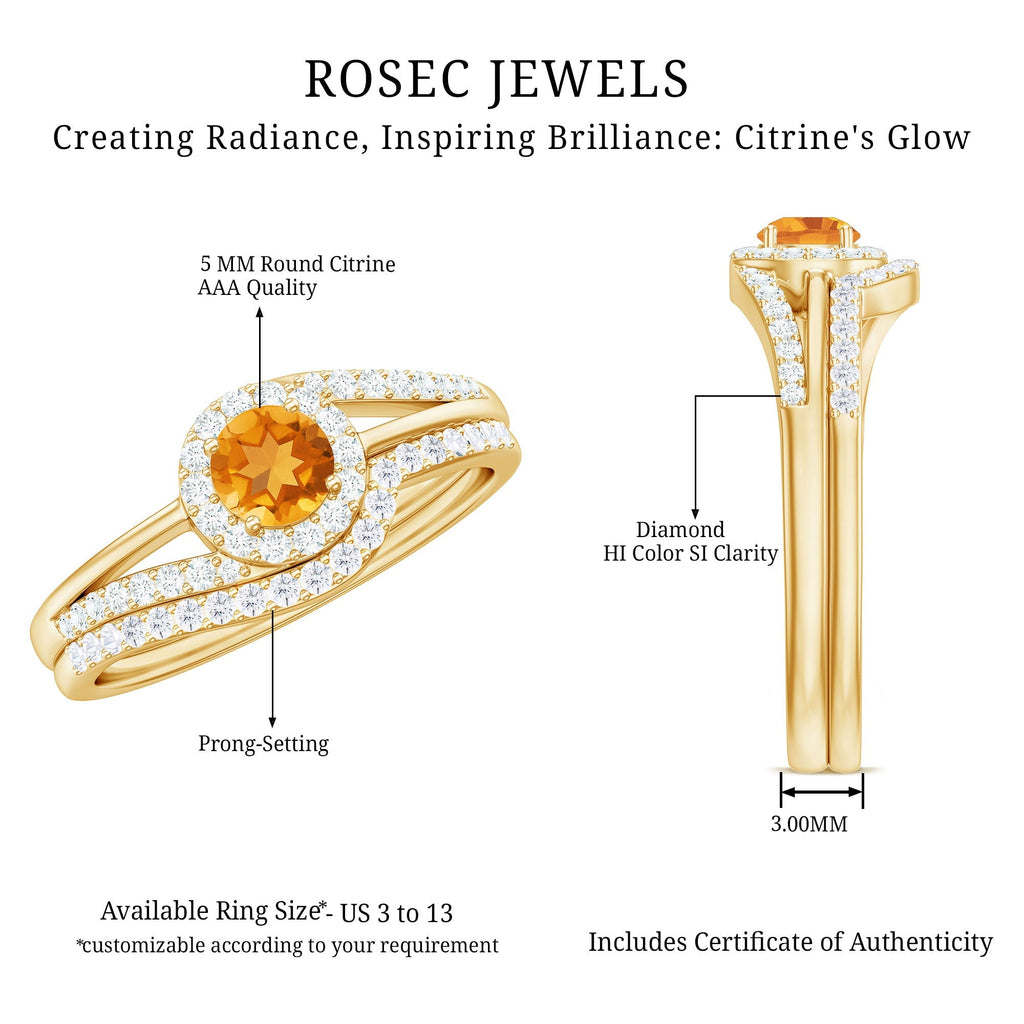 Genuine Citrine Engagement Ring with Diamond Wedding Band - Courbe et Compagnie