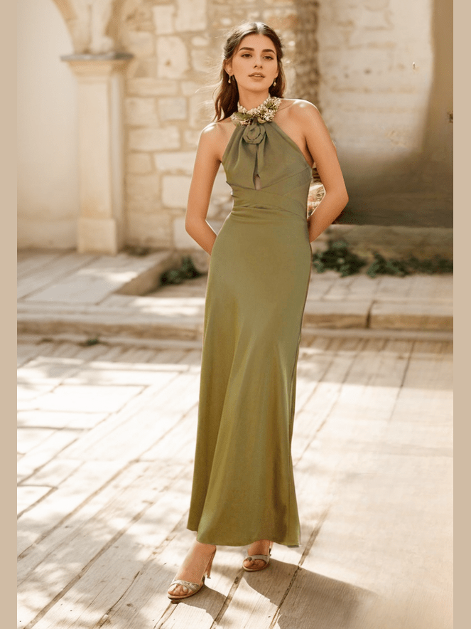 Goddess style strap haltered sheath silky satin prom dress multiple colors - Courbe et Compagnie