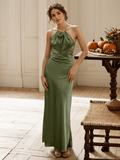 Goddess style strap haltered sheath silky satin prom dress multiple colors - Courbe et Compagnie