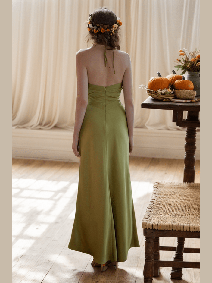 Goddess style strap haltered sheath silky satin prom dress multiple colors - Courbe et Compagnie