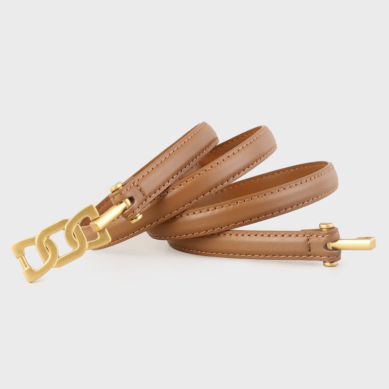 Gold Buckle Skinny Cowhide Leather Belt - Courbe et Compagnie