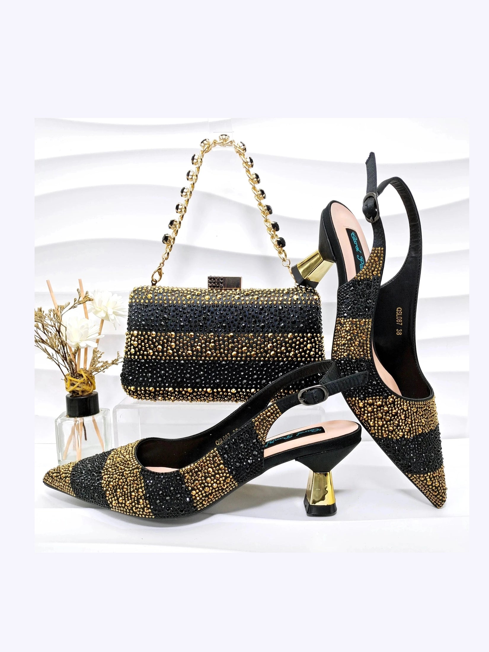 Gold Kitten Heel Shoe & Bag Set - Courbe et Compagnie
