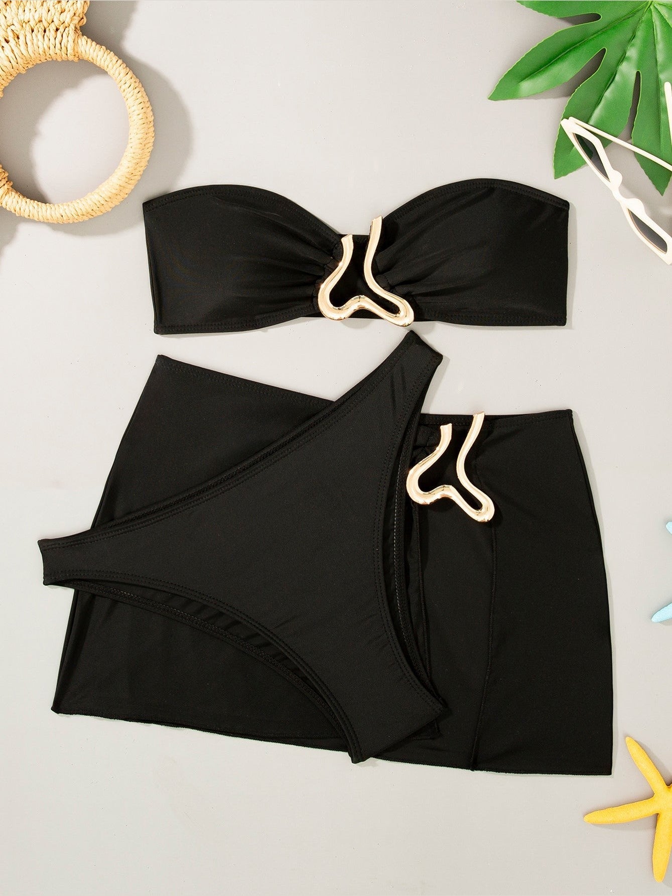 Gold Musical Note 3-Piece Bikini Set – Solid Color Swimsuit - Courbe et Compagnie