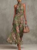 Green Graffiti Print Mesh Suspender Maxi Dress – High-Waist Irregular Slit Streetwear Dress - Courbe et Compagnie