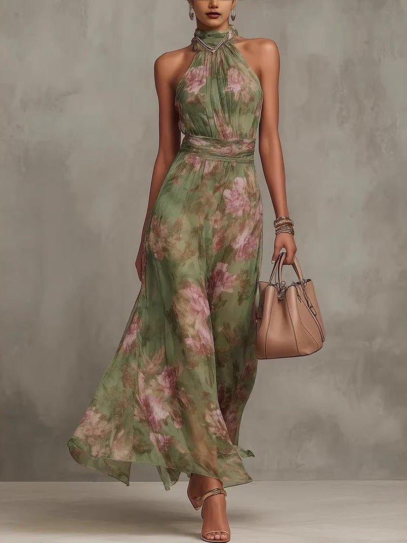 Green Graffiti Print Mesh Suspender Maxi Dress – High-Waist Irregular Slit Streetwear Dress - Courbe et Compagnie