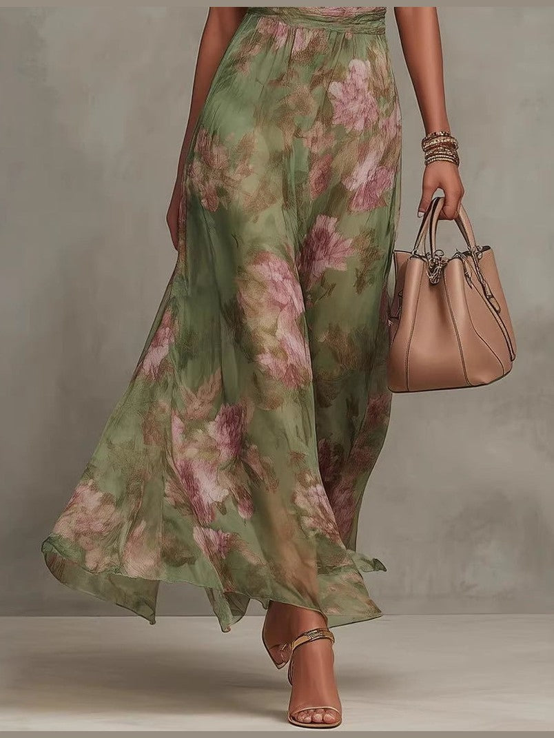 Green Graffiti Print Mesh Suspender Maxi Dress – High-Waist Irregular Slit Streetwear Dress - Courbe et Compagnie