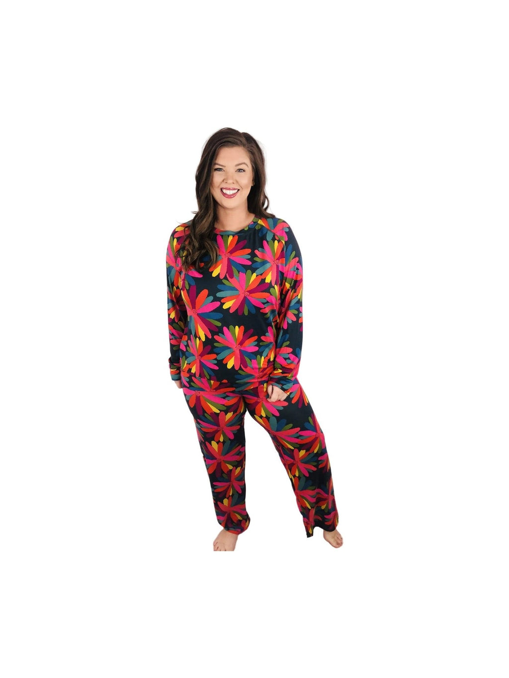 Green Plus Size Printed Long Sleeve and Pants Lounge Set - Courbe et Compagnie