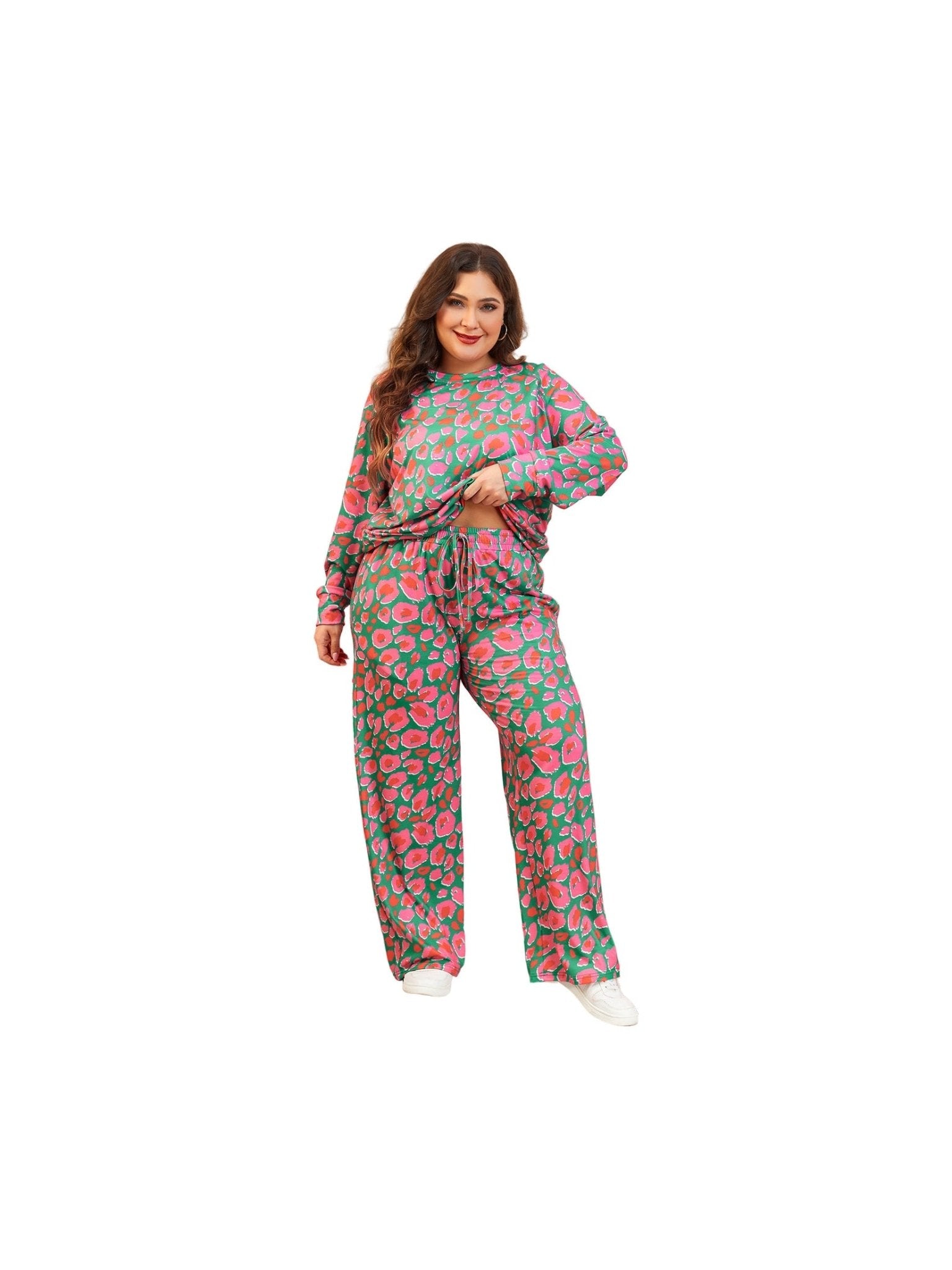 Green Plus Size Printed Long Sleeve and Pants Lounge Set - Courbe et Compagnie