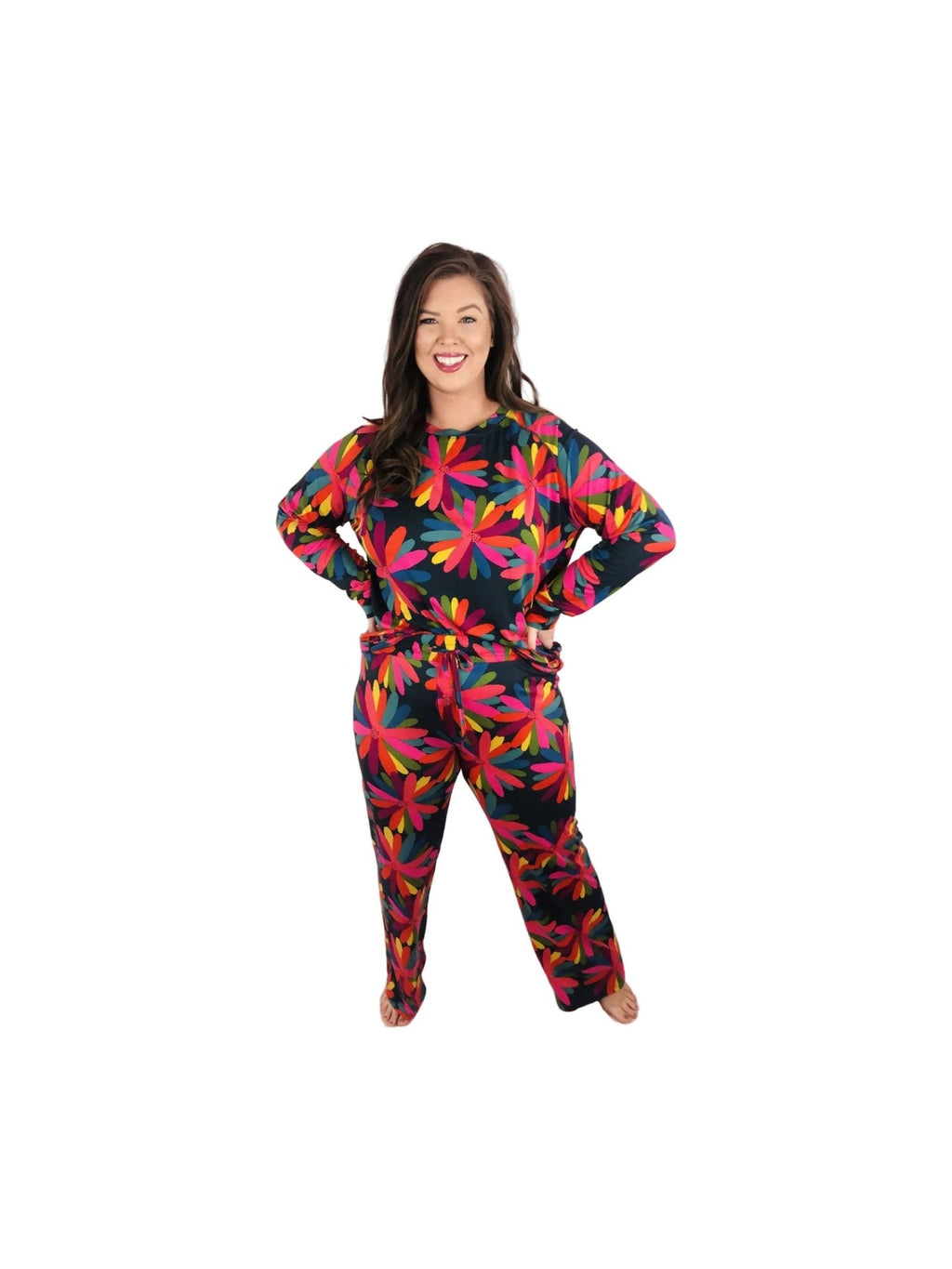 Green Plus Size Printed Long Sleeve and Pants Lounge Set - Courbe et Compagnie