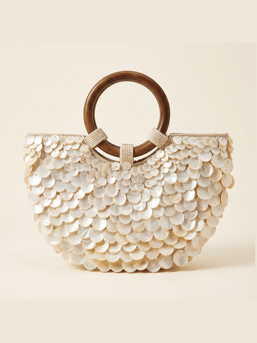 Handmade Shell Handbag Pearl Shell Tote Bag with Wooden Handle - Courbe et Compagnie
