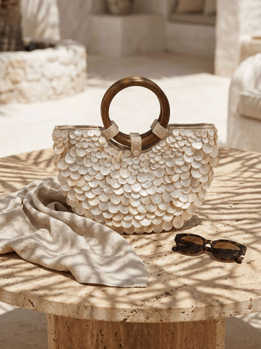 Handmade Shell Handbag Pearl Shell Tote Bag with Wooden Handle - Courbe et Compagnie