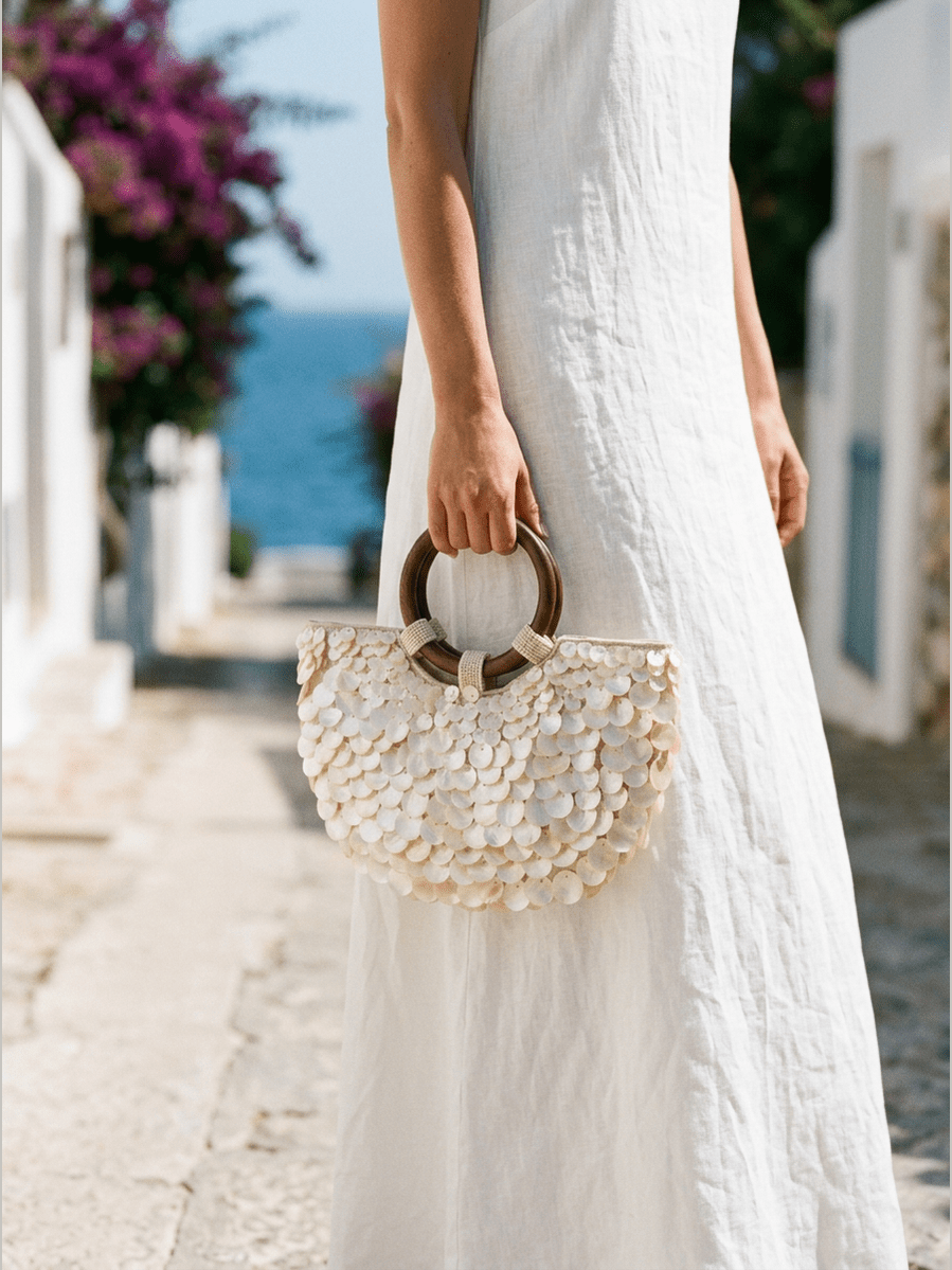 Handmade Shell Handbag Pearl Shell Tote Bag with Wooden Handle - Courbe et Compagnie