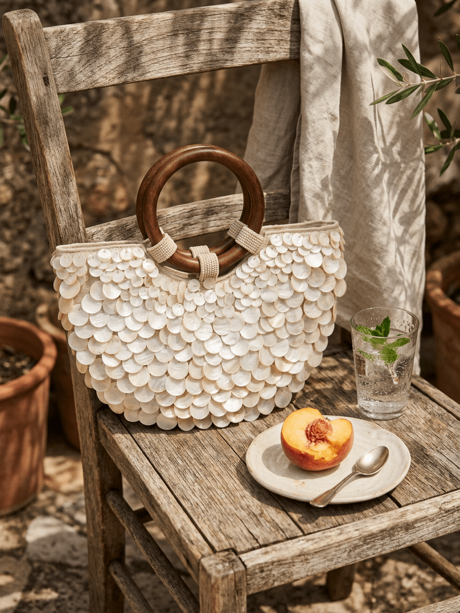 Handmade Shell Handbag Pearl Shell Tote Bag with Wooden Handle - Courbe et Compagnie