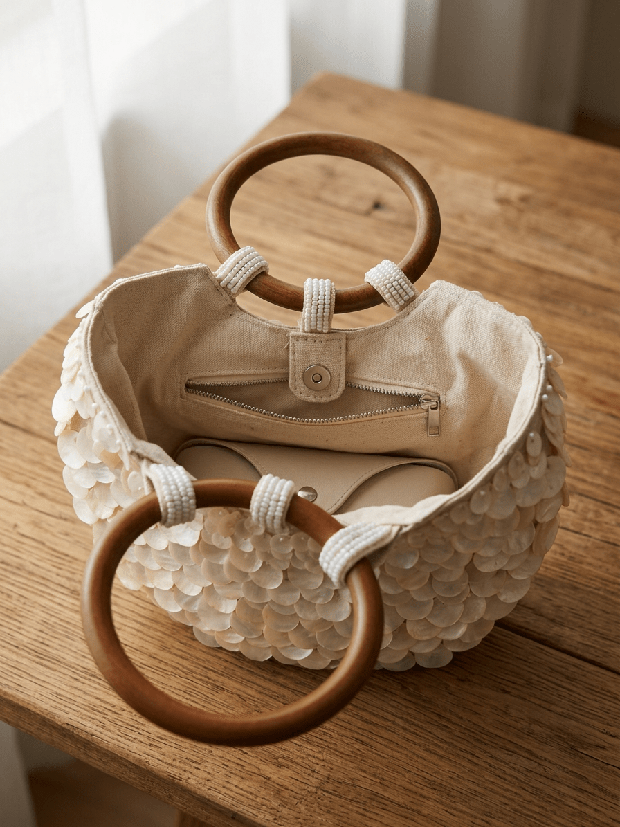Handmade Shell Handbag Pearl Shell Tote Bag with Wooden Handle - Courbe et Compagnie