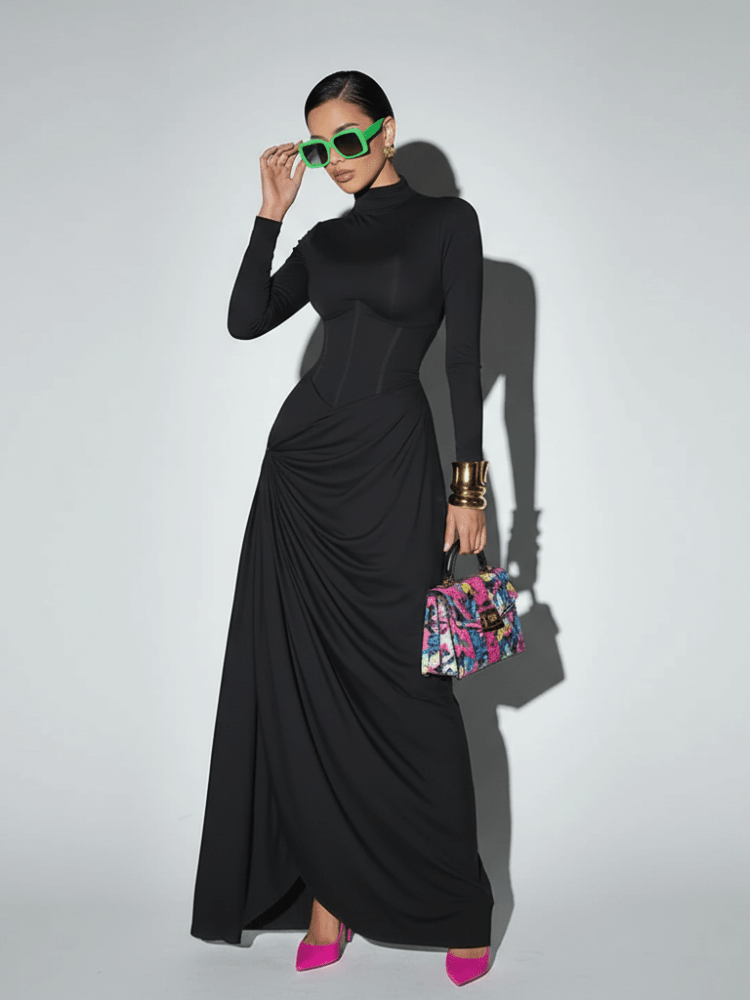 High Neck Waist-Cinched Slit Dress For Women, Elegant, Fifth Avenue, BYMANYC New York. - Courbe et Compagnie