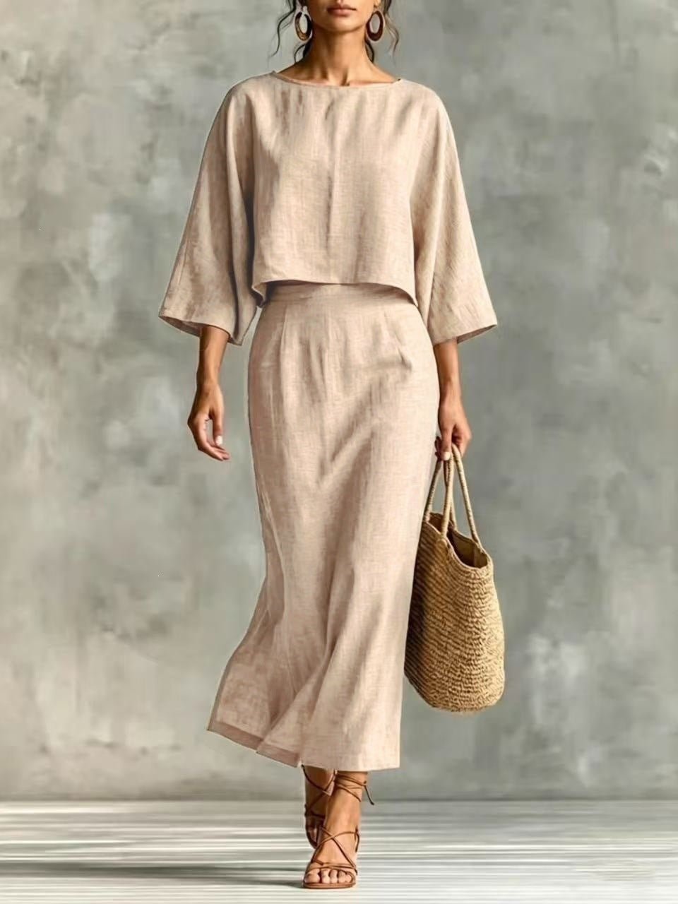 High Waist Long Skirt & 3/4 Sleeve Loose Top Set - Courbe et Compagnie