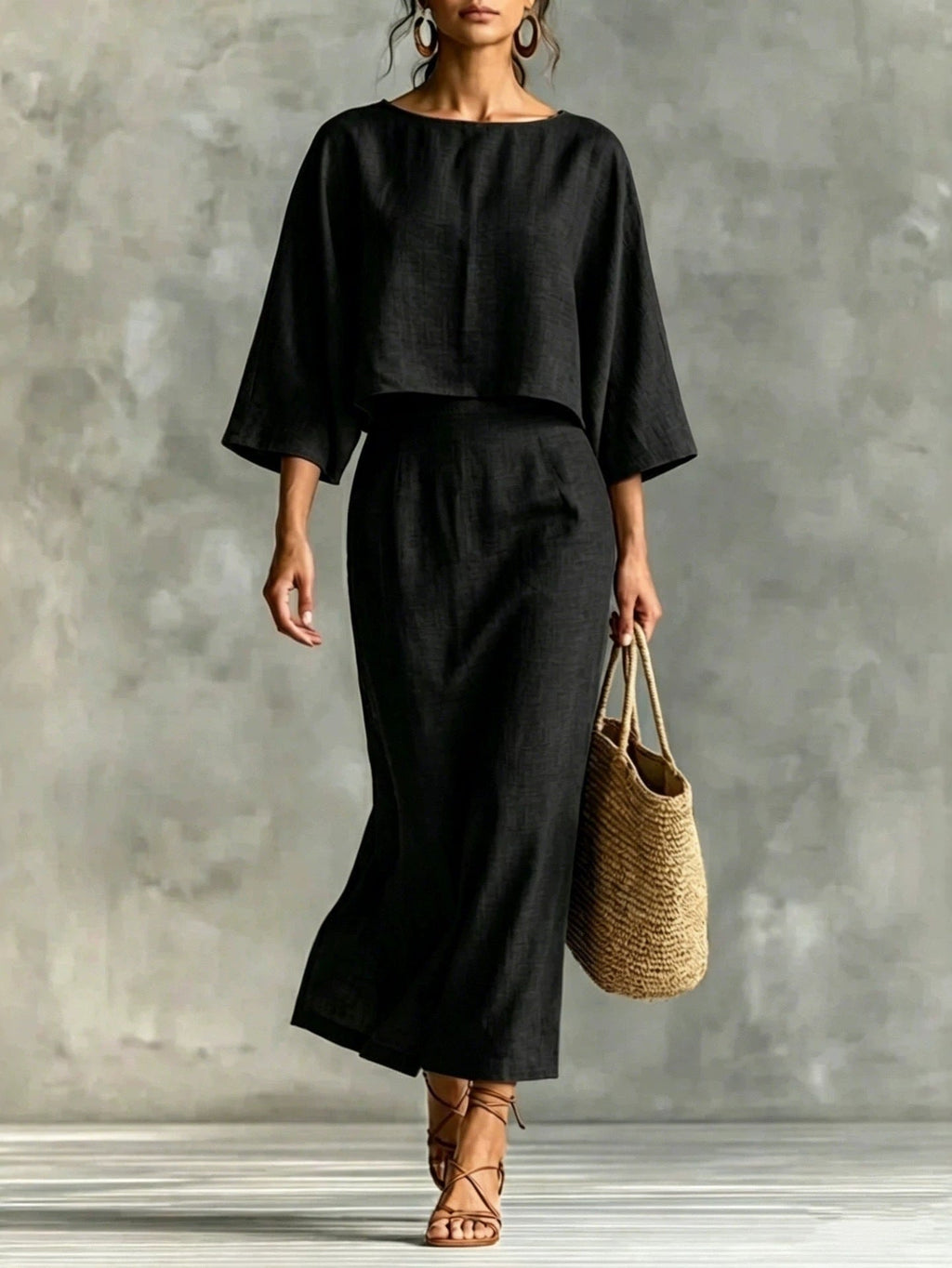 High Waist Long Skirt & 3/4 Sleeve Loose Top Set - Courbe et Compagnie