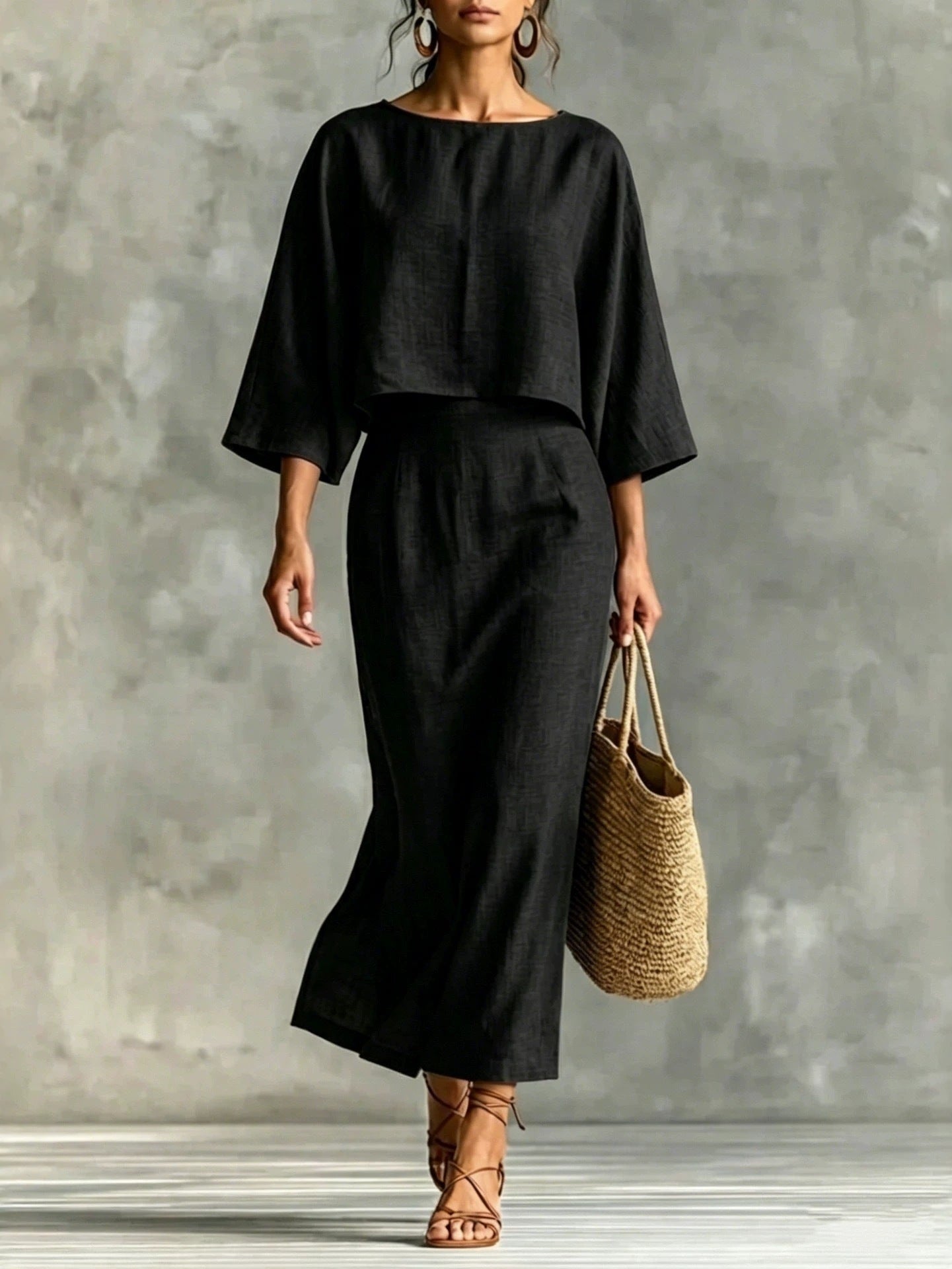 High Waist Long Skirt & 3/4 Sleeve Loose Top Set - Courbe et Compagnie