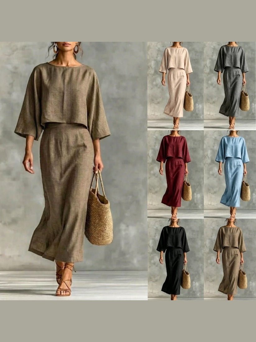 High Waist Long Skirt & 3/4 Sleeve Loose Top Set - Courbe et Compagnie