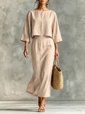 High Waist Long Skirt & 3/4 Sleeve Loose Top Set - Courbe et Compagnie
