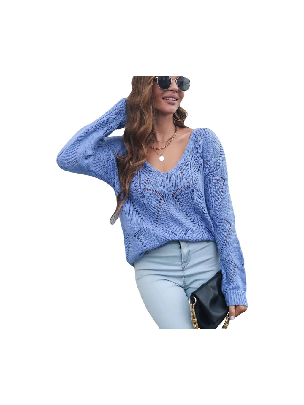 Hollow Leaf V-Neck Long Sleeve Knit Sweater - Courbe et Compagnie