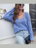 Hollow Leaf V-Neck Long Sleeve Knit Sweater - Courbe et Compagnie