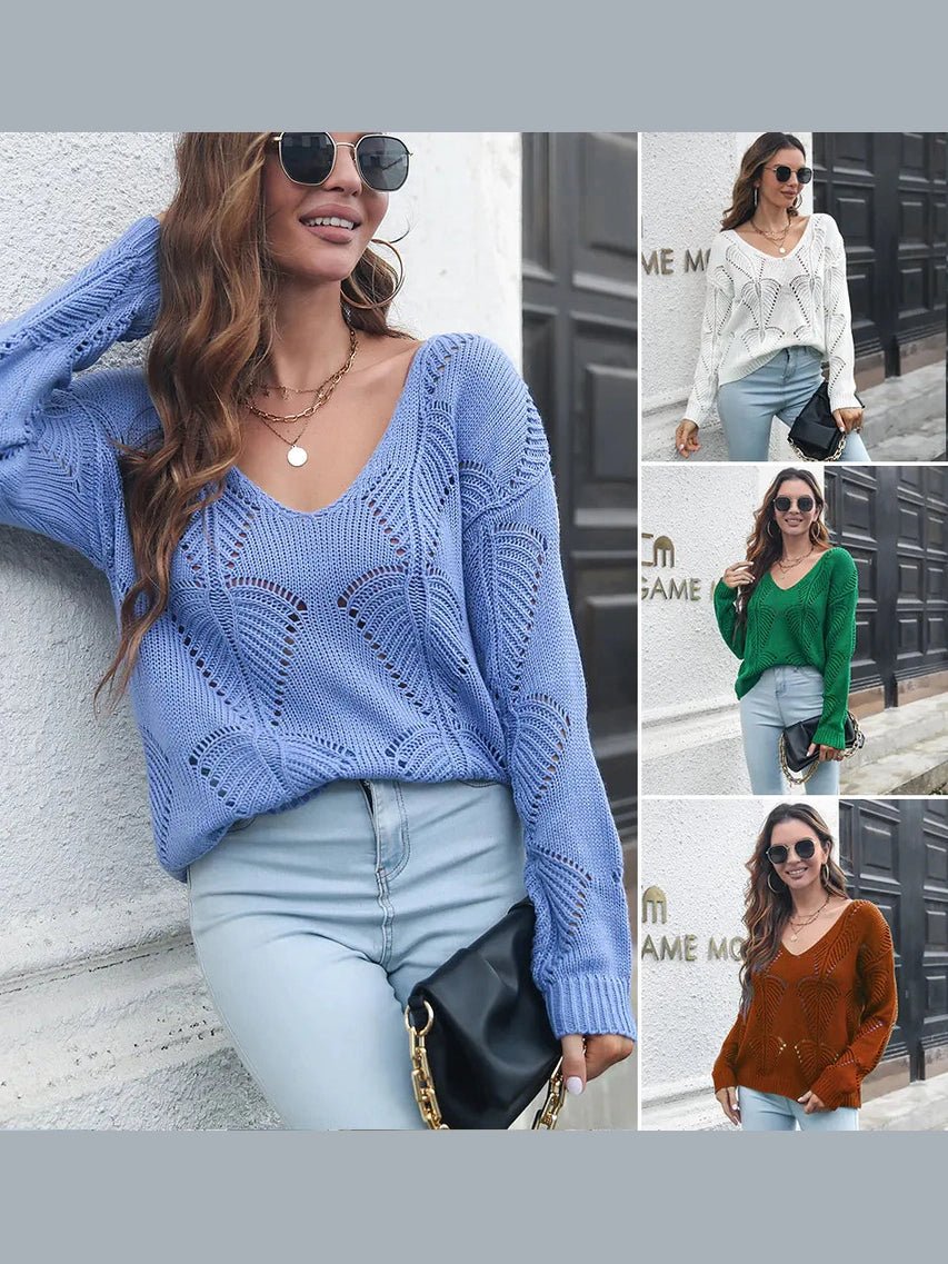 Hollow Leaf V-Neck Long Sleeve Knit Sweater - Courbe et Compagnie
