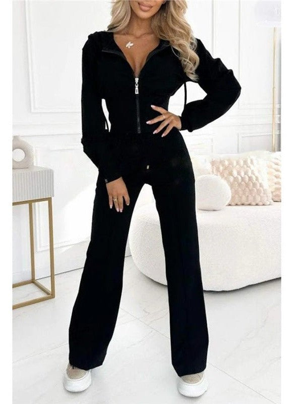 Hooded Zipper Fitted Top & Wide-Leg Pants Two-Piece Set - Courbe et Compagnie