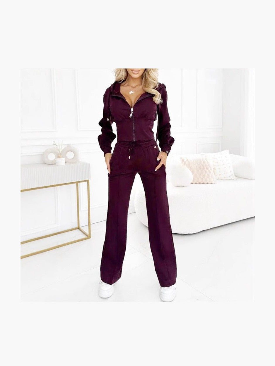 Hooded Zipper Fitted Top & Wide-Leg Pants Two-Piece Set - Courbe et Compagnie