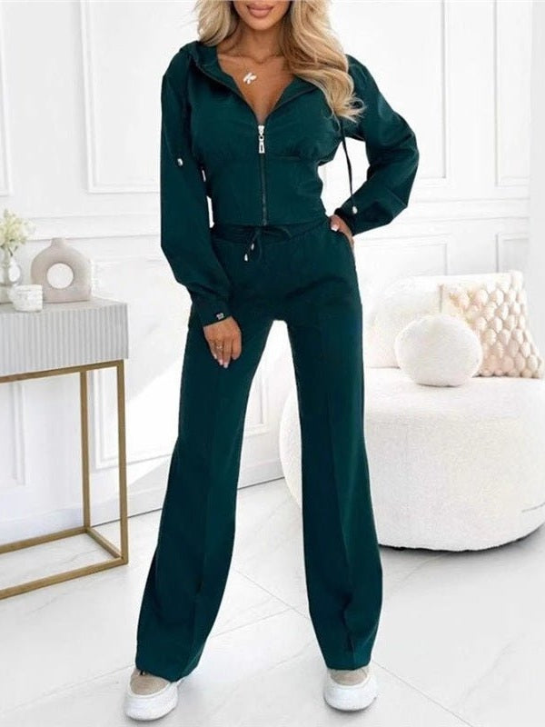 Hooded Zipper Fitted Top & Wide-Leg Pants Two-Piece Set - Courbe et Compagnie