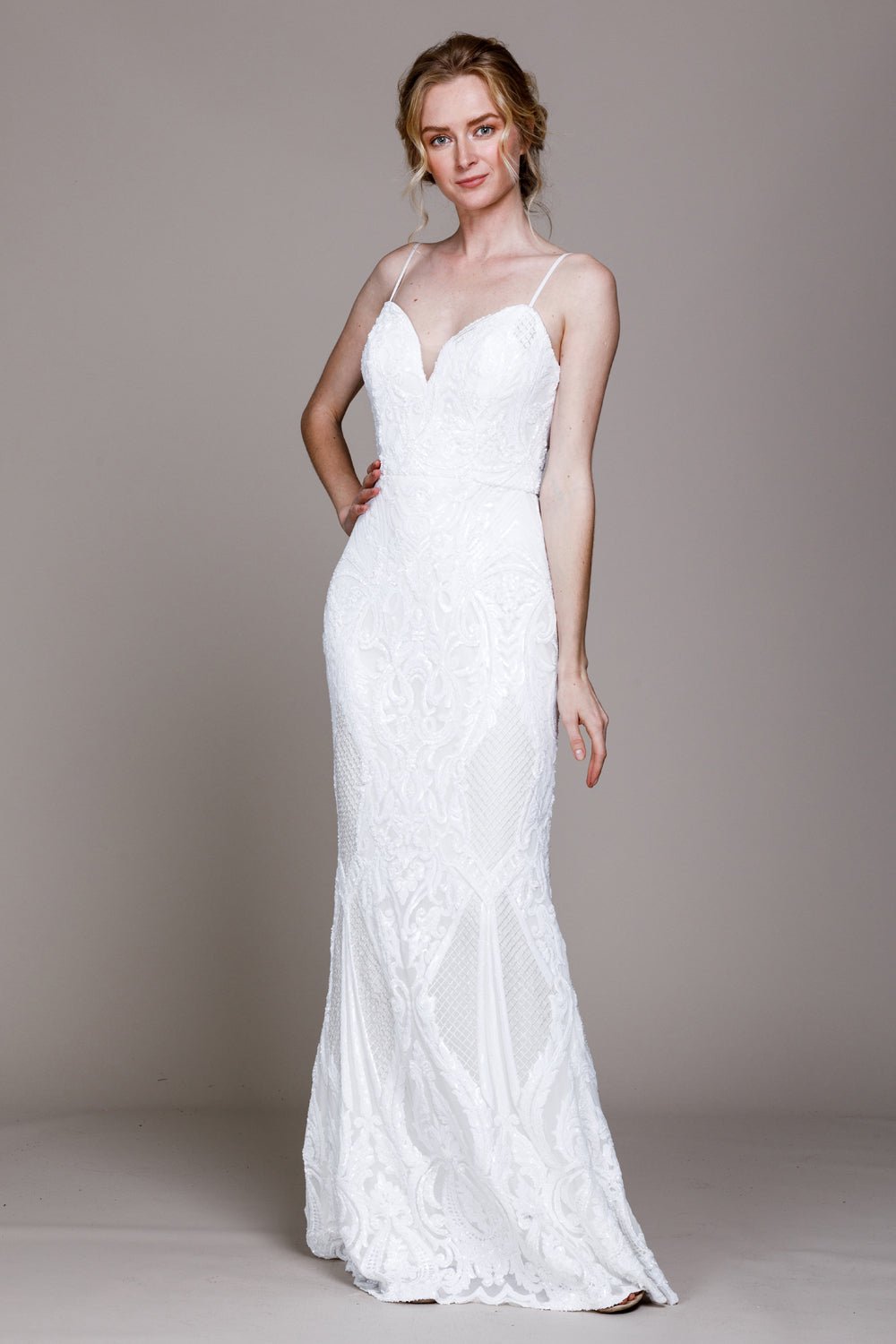 Illusion V-Neck Embroidered Sequins Long Prom Dress - Courbe et Compagnie