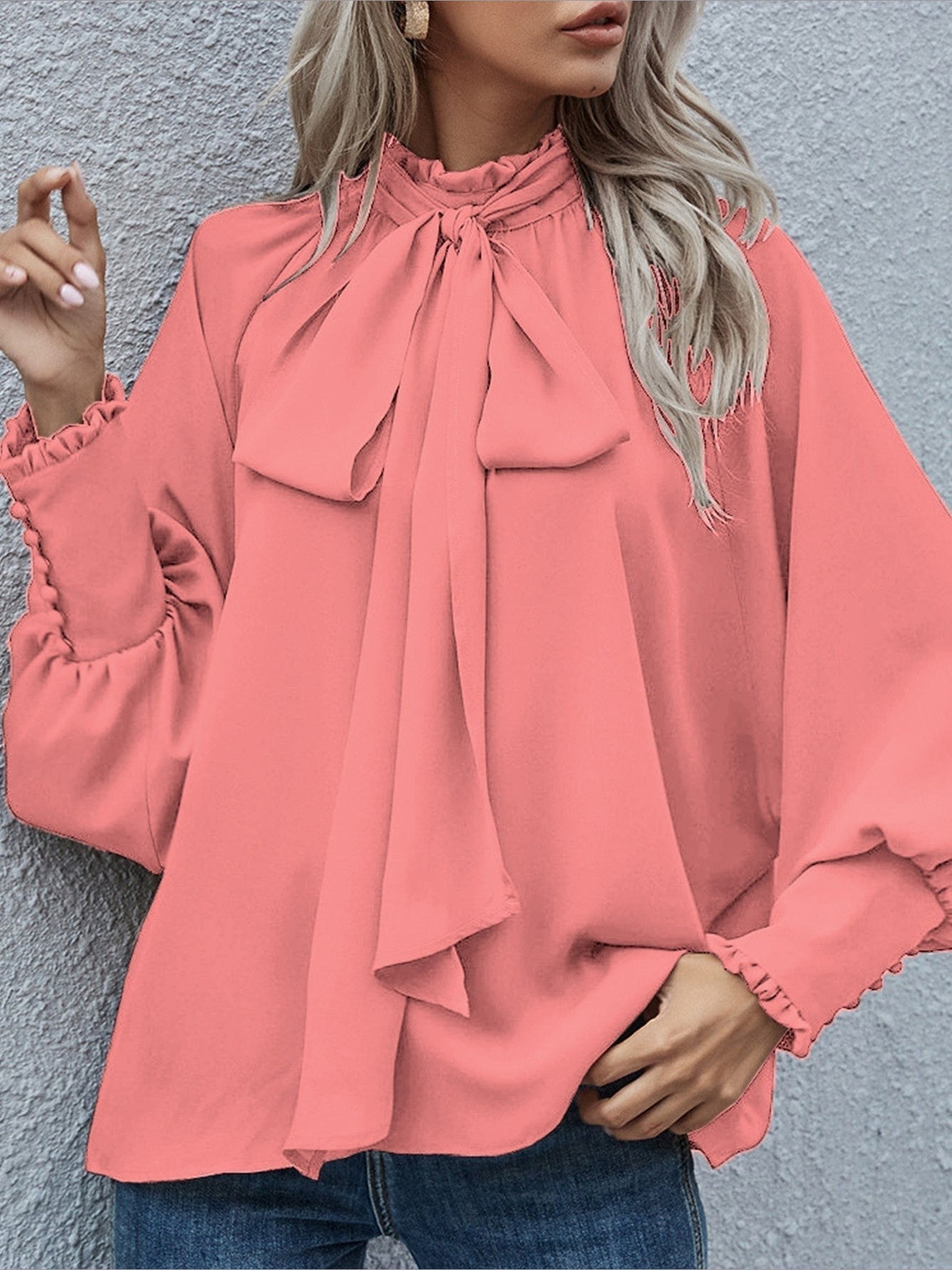 Ins Long-sleeved Blouse Bowknot Puff Sleeves Fashion Commuter Office Tops Women's Clothing See size chart under “more details” - Courbe et Compagnie