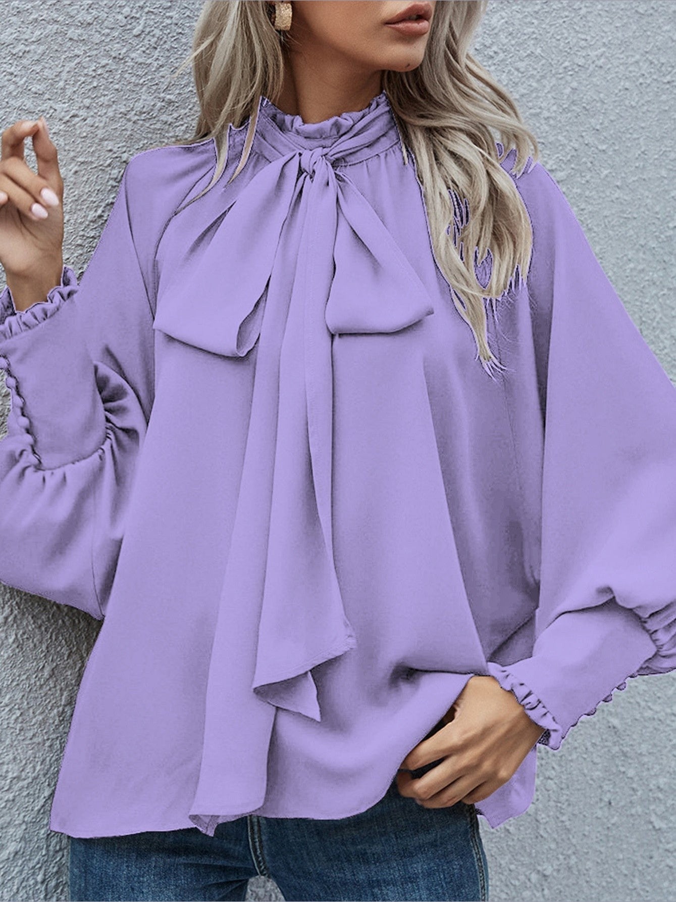 Ins Long-sleeved Blouse Bowknot Puff Sleeves Fashion Commuter Office Tops Women's Clothing See size chart under “more details” - Courbe et Compagnie
