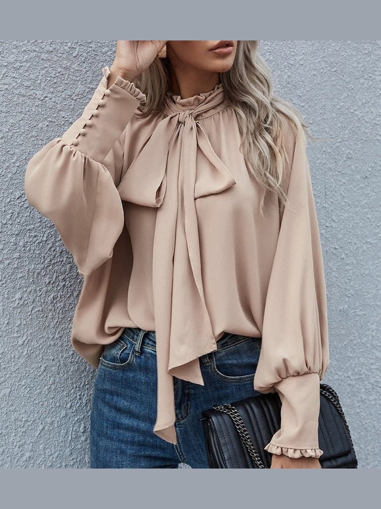 Ins Long-sleeved Blouse Bowknot Puff Sleeves Fashion Commuter Office Tops Women's Clothing See size chart under “more details” - Courbe et Compagnie