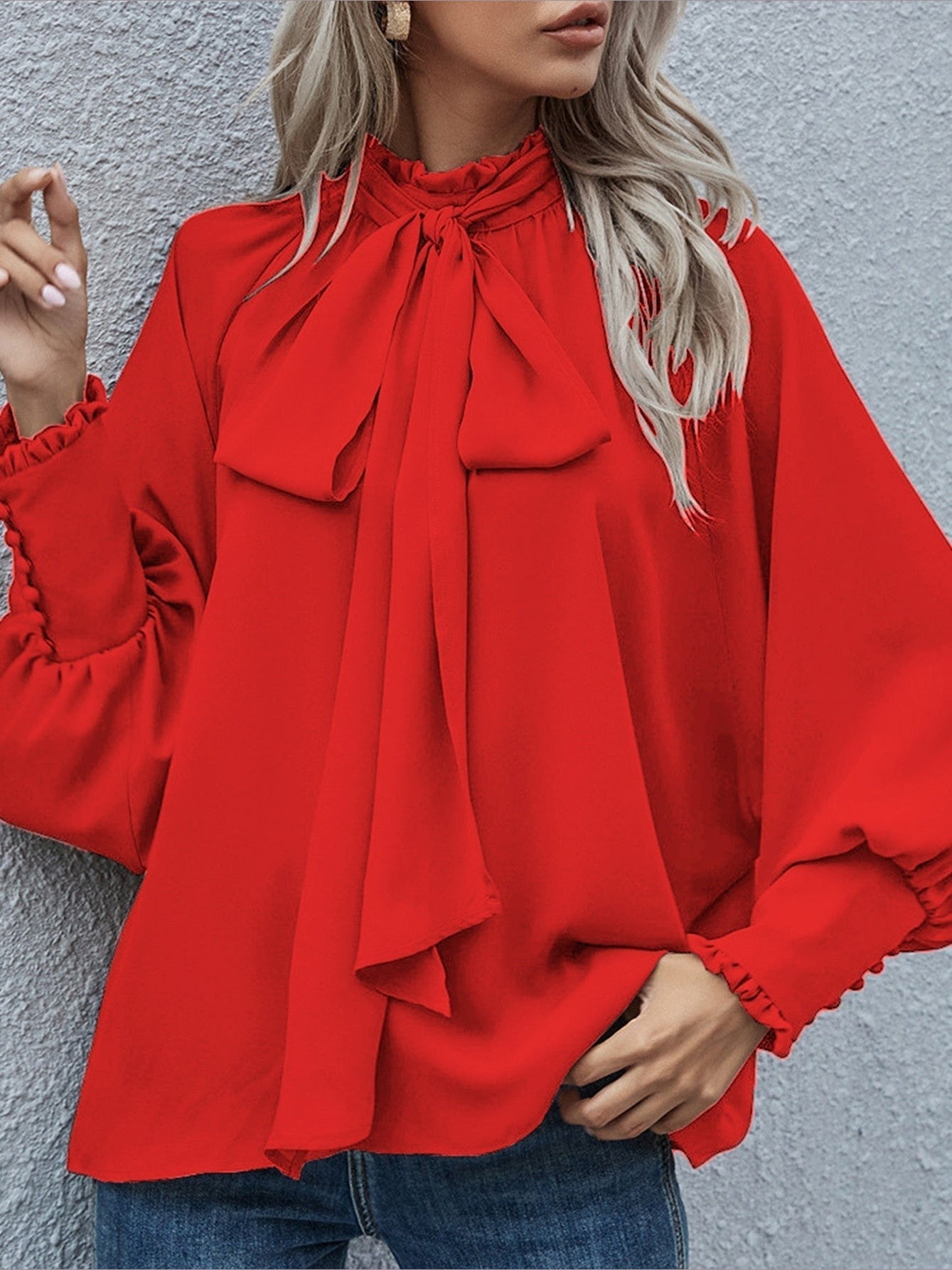 Ins Long-sleeved Blouse Bowknot Puff Sleeves Fashion Commuter Office Tops Women's Clothing See size chart under “more details” - Courbe et Compagnie