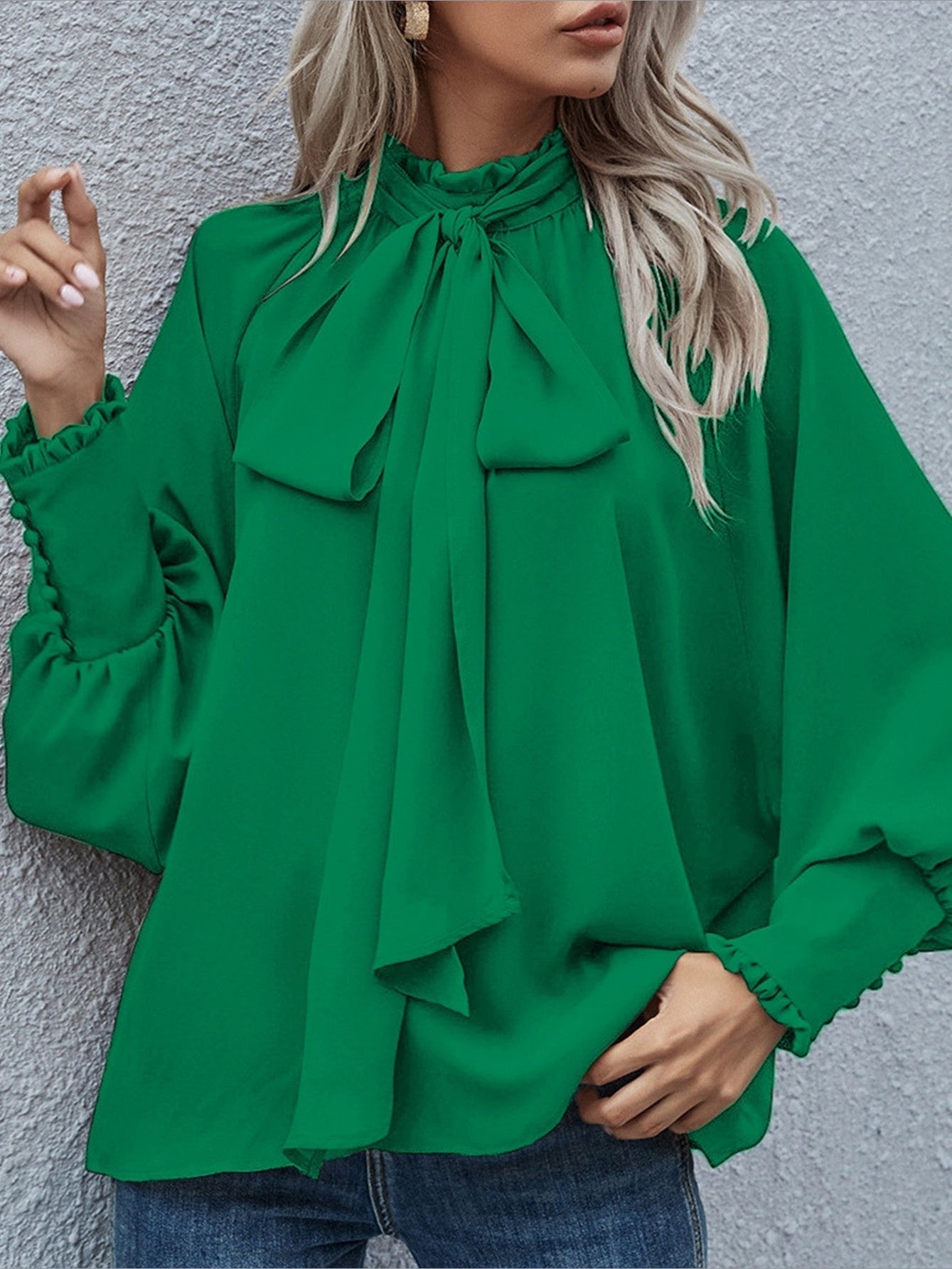 Ins Long-sleeved Blouse Bowknot Puff Sleeves Fashion Commuter Office Tops Women's Clothing See size chart under “more details” - Courbe et Compagnie