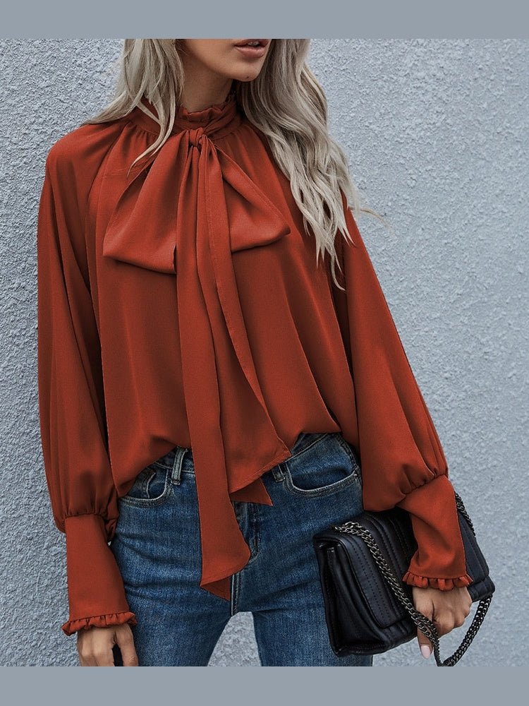 Ins Long-sleeved Blouse Bowknot Puff Sleeves Fashion Commuter Office Tops Women's Clothing See size chart under “more details” - Courbe et Compagnie