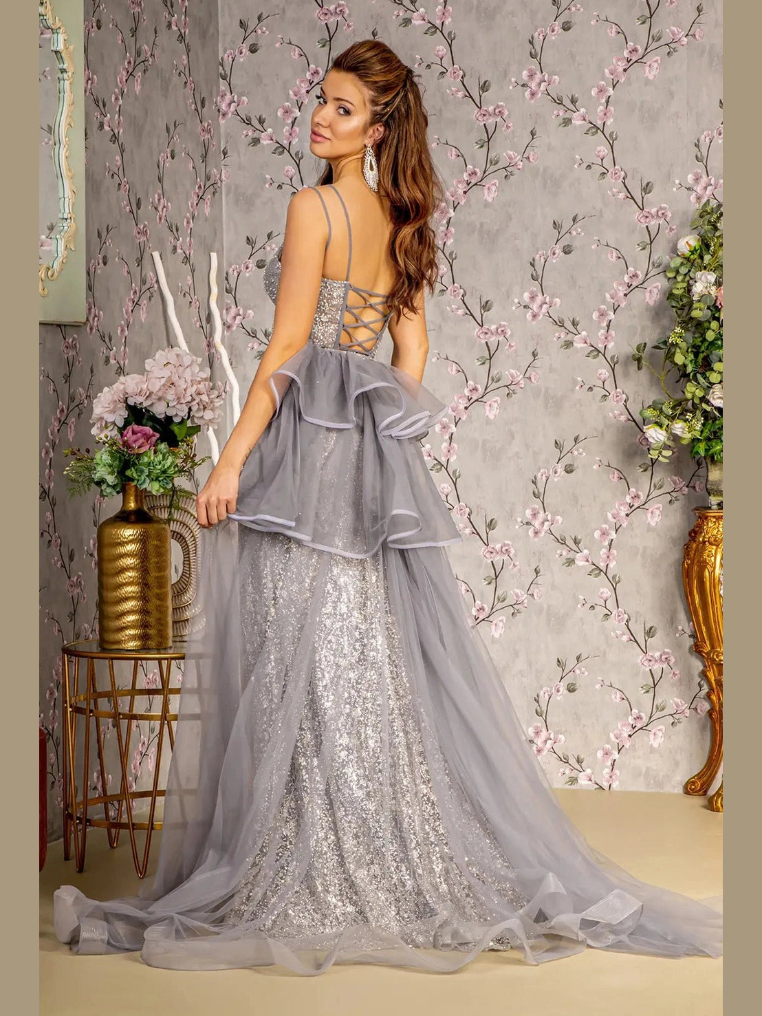 Jewel sheer bodice mesh mermaid long dress w detachable waist drape GLGL3273 - Courbe et Compagnie
