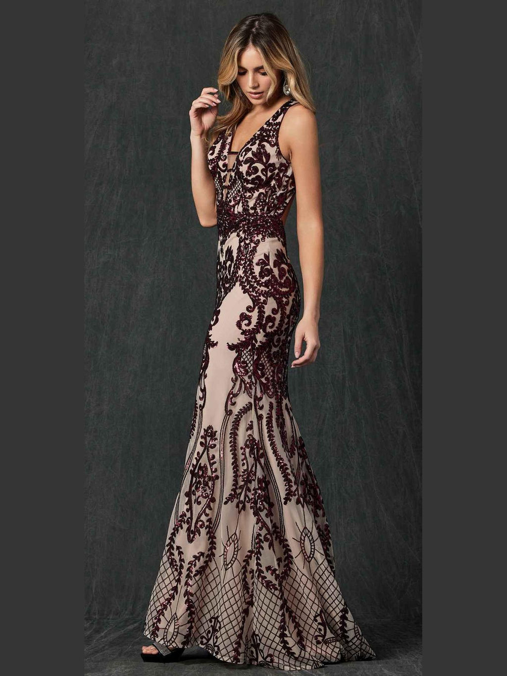Juliet 243 Sequins Long Evening Dress Cut-Out Back - Courbe et Compagnie