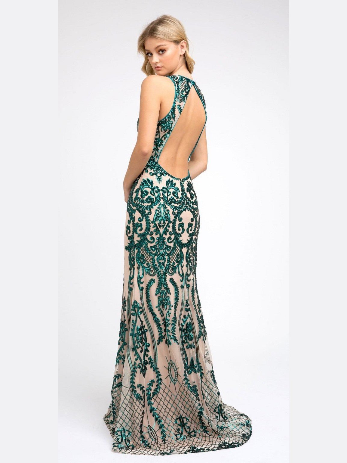 Juliet 243 Sequins Long Evening Dress Cut-Out Back - Courbe et Compagnie