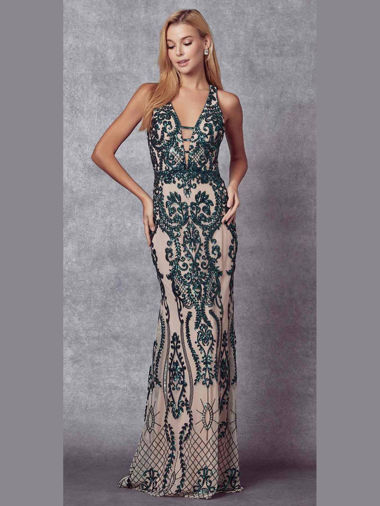 Juliet 243 Sequins Long Evening Dress Cut-Out Back - Courbe et Compagnie