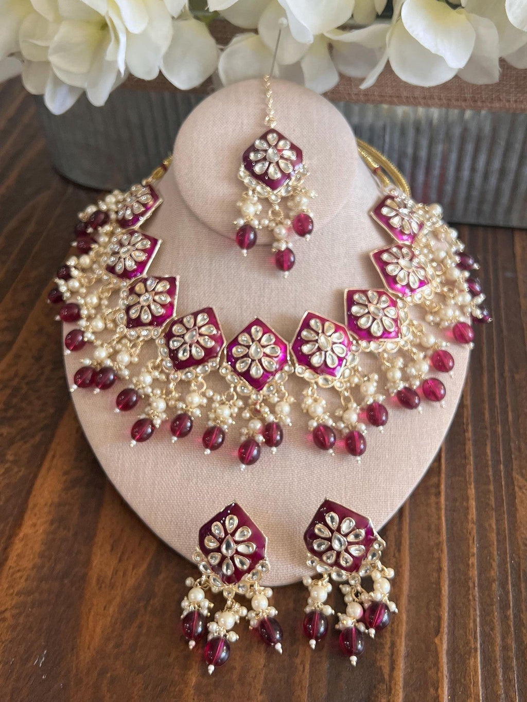 Kundan Necklace Set Gold Plated | Indian Bridal Polki Jewelry | Wedding Necklace Earrings & Maang Tikka | Ethnic Festive Jewelry - Courbe et Compagnie