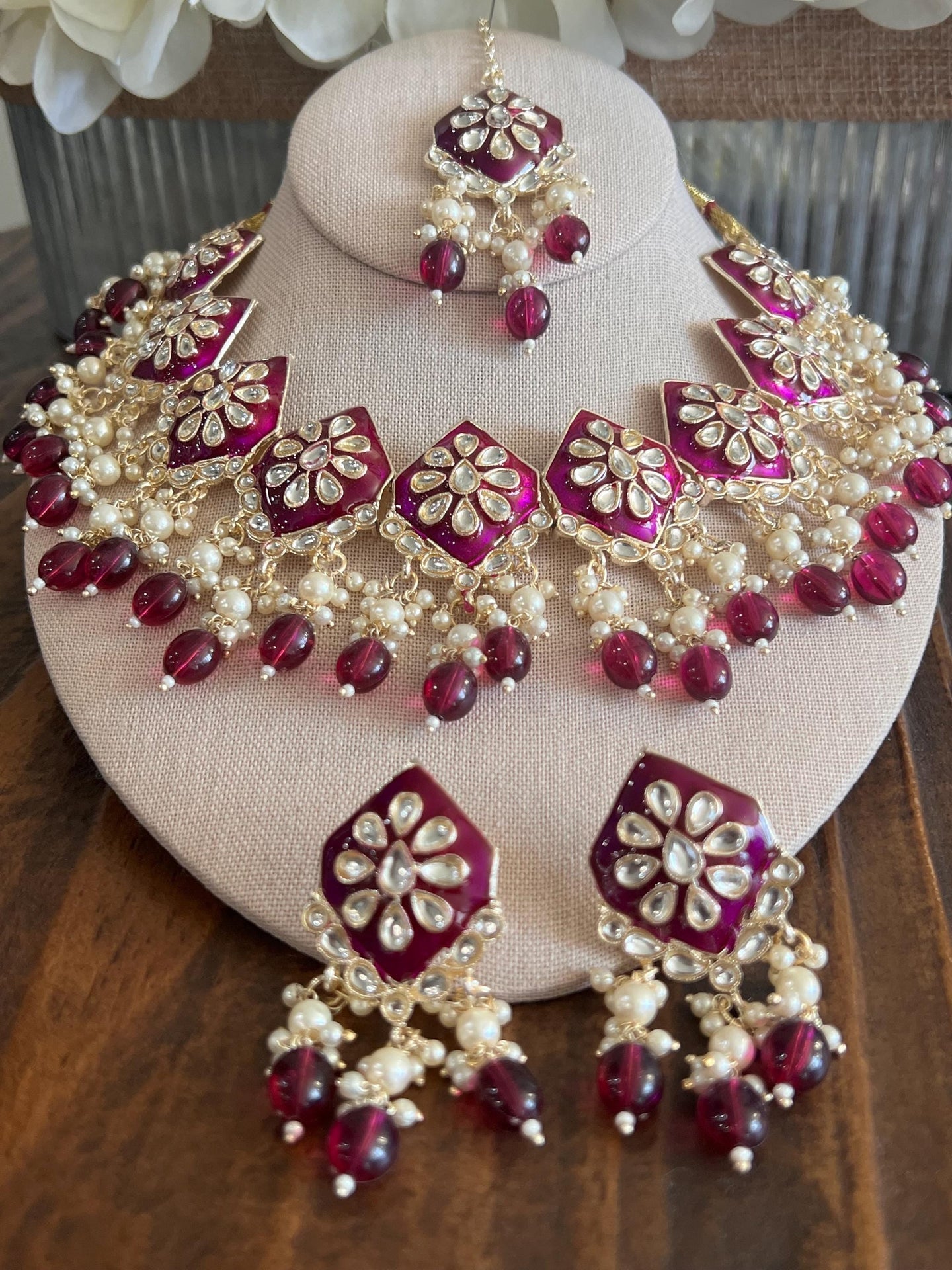 Kundan Necklace Set Gold Plated | Indian Bridal Polki Jewelry | Wedding Necklace Earrings & Maang Tikka | Ethnic Festive Jewelry - Courbe et Compagnie