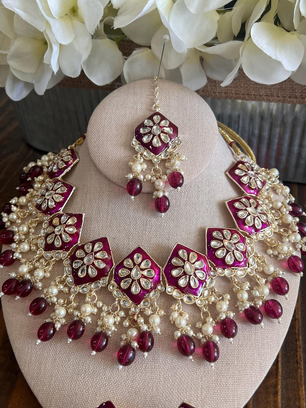 Kundan Necklace Set Gold Plated | Indian Bridal Polki Jewelry | Wedding Necklace Earrings & Maang Tikka | Ethnic Festive Jewelry - Courbe et Compagnie