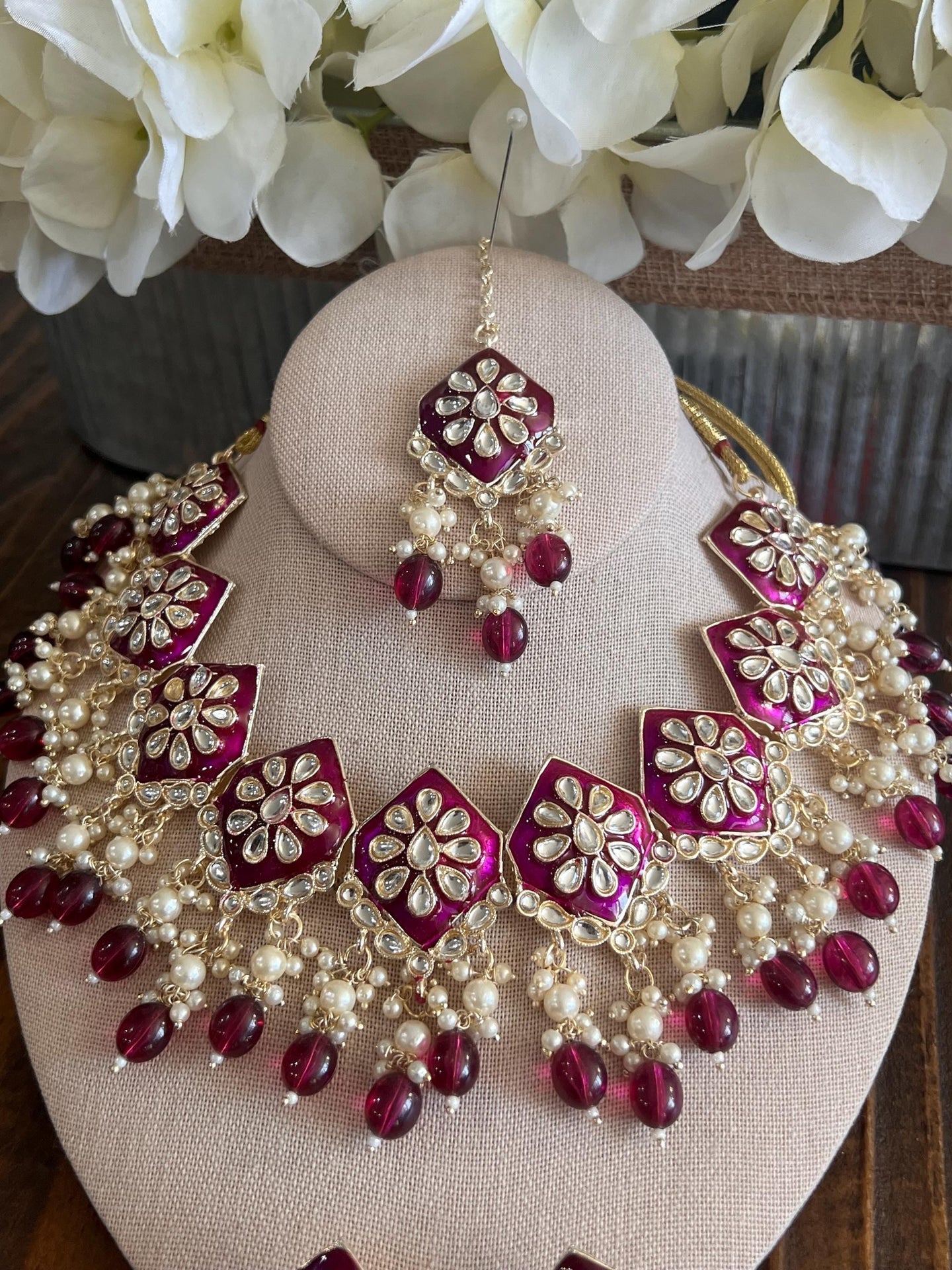Kundan Necklace Set Gold Plated | Indian Bridal Polki Jewelry | Wedding Necklace Earrings & Maang Tikka | Ethnic Festive Jewelry - Courbe et Compagnie